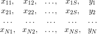 x11,  x12,  ...,  x1S,   y1
x  ,  x  ,  ...,  x  ,   y
 21    22         2S     2
...   ...   ...   ...  ...
xN1,  xN2,  ...,  xNS,  yN
